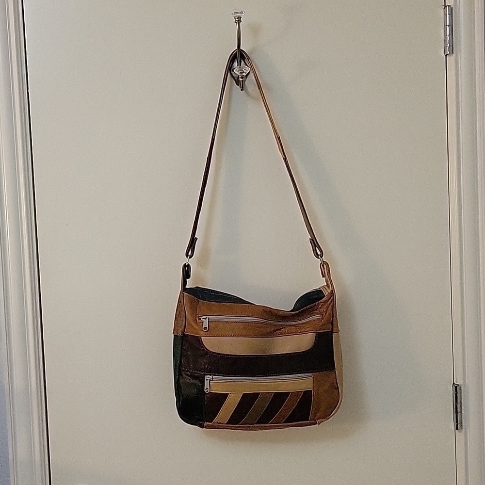 True Vintage 1970s Mexican Leather Colorblock Patchwork Hobo Shoulder Bag - Picture 2 of 12
